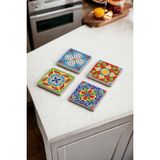 Baum Atelier Mexican Talavera Renkli Tile Desen Doğal Taş Traverten Bardak Altlığı 4 Lü Set