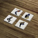Baum Atelier Müzisyen Ilüstrasyon, Müzik Sanatı Temalı Doğal Taş Traverten Bardak Altlığı 4 Lü Set