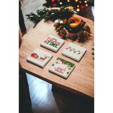 Baum Atelier Noel, Noel Baba Geyiği Christmas Temalı Doğal Taş Traverten Bardak Altlığı 4 Lü Set