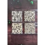 Baum Atelier Siyah Çiçek Temalı Doğal Taş Traverten Bardak Altlığı 4 Lü Set
