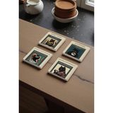 Baum Atelier Siyah Komik Kedi Temalı Pop Art Kedi Doğal Taş Traverten Bardak Altlığı 4 Lü Set