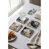 Baum Atelier Vintage Çiçekler ve Kuş Temalı Doğal Taş Traverten Bardak Altlığı Stone Coasters 4 Lü Set