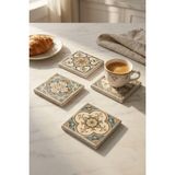 Baum Atelier Vintage Green Tile Desenli Doğal Taş Traverten Bardak Altlığı Stone Coasters 4 Lü Set