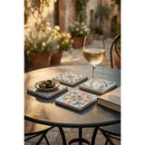 Baum Atelier Vintage Mavi Tile Desen Doğal Taş Traverten Bardak Altlığı Stone Coasters 4 Lü Set