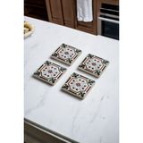 Baum Atelier Yeşil Tile Çini Desen Doğal Taş Traverten Bardak Altlığı 4 Lü Set