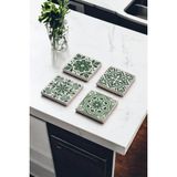 Baum Atelier Yeşil Tile Desen, Mexican Talavera Doğal Taş Traverten Bardak Altlığı 4 Lü Set