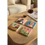 Baumatelier Eğlenceli Hayvanlar Temalı Pop Art Doğal Taş Traverten Bardak Altlığı Stone Coasters 4 Lü Set
