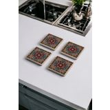 Baumatelier Etnik Kilim Desen Tile, Çini Desen Doğal Taş Traverten Bardak Altlığı 4 Lü Set