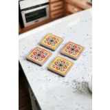 Baumatelier Sarı ve Turuncu Tile Desen Doğal Taş Traverten Bardak Altlığı 4 Lü Set