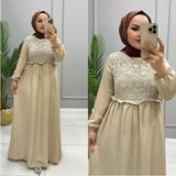 BAV Butik Ayvitrin Kadın Melenj Keten Tesettür Elbise Krem - 130-Krem Rengi - 38