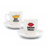 Bay Haklı & Bayan Haklı 2 Kişilik 4 Parça Krem Türk Kahvesi Fincan Seti - Hediyelik Kahve Fincanı Seti
