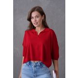 bayansepeti Kadın Kırmızı Polo Yaka Yarım Kollu Oversize Yazlık Crop Triko Bluz 002