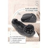 BAYÇAĞRI Kiara Katlanabilir Esnek Yumuşak Kaymaz Taban Siyah Cilt Gül Detaylı Köşe Burun Kadın Babet Ayakkabı - Çok Renkli