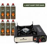 Baycamp Portatif Kamp Ocağı Siyah + 6 Adet Kamp Tüpü – Otomatik Ateşlemeli, Taşıma Çantalı - 6 Tüp