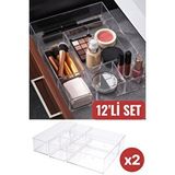 Bayev 12 Parça Çekmece İçi Düzenleyici Set (2 X 216) Makyaj Malzemesi Organizeri Kalemlik Renksiz