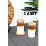 Bayev 2 Adet 330 Ml Bambu Kapaklı Cam Pipetli Pinterest Bardak - Borosilikat Kahve Sunum Bardağı 401307