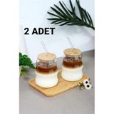 Bayev 2 Adet 450 Ml Bambu Kapaklı Cam Pipetli Pinterest Bardak - Borosilikat Kahve Sunum Bardağı 401305