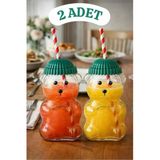 Bayev 2 Adet Teddy Bear Cam Barista Soğuk İçecek Bardağı Ayıcıklı Bardak 550 ML Pipetli Tasarım Sevgililer