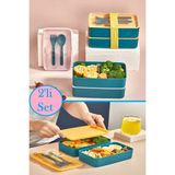 Bayev 2 Katlı Çatal Kaşıklı Beslenme Kabı 1003 Bölmeli Yemek Kabı Saklama Kutusu Lunch Box - Yeşil