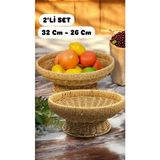 Bayev 2'li Set Yuvarlak 32 cm ve 26 cm Ayaklı Meyvelik Dekoratif Hasır Sunumluk Seti