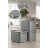 Bayev 3 Adet Gri 20 Lt Boxsis Set Mega Boy Çok Amaçlı Kapaklı Kutu Dolap Düzenleyici Organizer-Hobi Kutusu