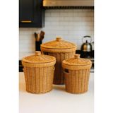 Bayev 3 Boy Wicker Hasır Kapaklı 3'lü Patates Soğan Mutfak Seti Kahverengi Örgü Sepetler 27x27x35 cm