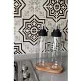 Bayev Büyük Boy 3 Parça 720 ml Damlatmaz Akıllı Ahşap Standlı Cam Yağlık Seti