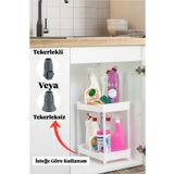 Bayev Class Beyaz 2 Katlı Lavabo Altı Düzenleyici Tekerlekli Deterjan Banyo Düzenleyici Raf Ünitesi