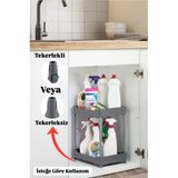 Bayev Class Gri 2 Katlı Lavabo Altı Düzenleyici Tekerlekli Deterjan Banyo Düzenleyici Raf Ünitesi