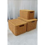 Bayev Crate 700789 3'Lü Rattan Kapaklı Dekoratif Kutu Sepet Set - 3 Boy Tutma Saplı Hasır Organizer Kutu