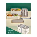 Bayev Lunch Box 2 Katlı Krem Çatal Kaşıklı Saklama Kabı 1003 Beslenme Kutusu Bölmeli Yemek Kutusu