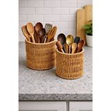 Bayev Rattan 700780 2'li Kaşıklık Tezgah Üstü Kaşık Bıçak Standı Rattan Örme Düzenleyici Organizer Kahverengi