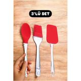 Bayev Red 3 Parça Silikon Set Kırmızı Yemek Pişirme Mutfak Seti Kaşık Yumurta Fırçası Spatula Seti