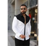 BAYIM Beyaz Siyah V Blok Renk Geçişli Slim Fit Uzun Kollu Likralı Erkek Gömlek