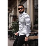 BAYIM Erkek Slim Fit Çizgili Gömlek Likralı Dar Kesim Şık Günlük Gömlek (Beyaz & Mavi / Beyaz & Siyah)