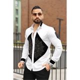 BAYIM Luxury Slim Fit Beyaz Gömlek - Ön Panel Taş İşlemeli Mandala Desenli