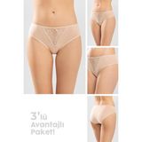 Baykar Kadın Beyaz Önü Dantel Detalı Pamuklu Klasik Kadın Külot 3'lü Paket 8251 Ten Rengi - 2XL