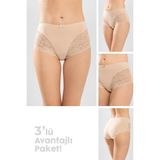 Baykar Kadın Klasik Pamuklu Yüksek Bel Güpürlü Bato Külot 3'lü Paket Ten Rengi - XL