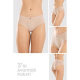 Baykar Kadın Pamuklu Likralı Arkası Dantelli Slip Külot 3lü Paket 8432 Ten Rengi - XL