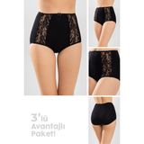 Baykar Kadın Yüksek Bel Yanları Dantelli 3'lü Set Külot 8922 Siyah - 2XL