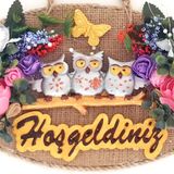 Baykuş Ailesi Hoşgeldiniz Yazılı Çiçekli El Yapımı Kapı Süsü