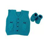 Baykuş Modeli Örgü Mavi Renk Bebek Yeleği Ve Patiği