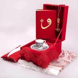 Bayrak + Fincan + Sal + Seccade + Tesbih + Kuran Hediye Seti (Hafiz Boy, Kirmizi, Vav Motifli)
