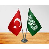 Bayrak Masa Üstü Yeşil Kelimei Tevhid Bayrağı + Türk Bayrağı Ikili Krom Direk