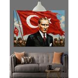 Bayrak Önünde Atatürk Portresi Dekoratif Kanvas - Mdf Ahşap Tablo