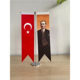BAYRAKAL Türk Bayrağı ve Atatürk Masa Bayrak Takımı 3 Parça 8x32cm Kırmızı Saten Bayraklar