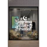 Bayrama Özel Fırsatlar Cam Vitrin Sticker, Ay Yıldız Fener Desenli Bayram Kampanyası Mağaza Çıkartması, Beyaz, 50x45 cm