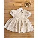 Bayramlık Retro Papatyalı Yazlık Bebe Yaka Kısa Müslin Bebek Elbise -Bej - 12 Ay