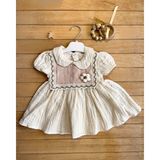 Bayramlık Retro Papatyalı Yazlık Bebe Yaka Kısa Müslin Bebek Elbise -Bej - 9 Ay