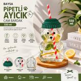 BAYSA Pipetli Ayıcık Cam Bardak 550 ml – Yeşil Bereli Figürlü Sevimli Meşrubat Bardağı